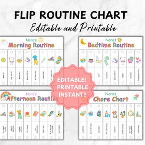 Könnte beinhalten: Ein druckbarer Flipchart mit vier verschiedenen Routinen für Kinder. Der Chart enthält eine Morgenroutine, eine Nachmittagsroutine, eine Abendroutine und eine Aufgabenliste. Jede Routine hat eine farbenfrohe Illustration und eine Checkliste für jede Aufgabe. Der Chart ist editierbar und druckbar.