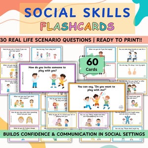 Afdrukbare flashcards voor sociale vaardigheden voor kinderen | Hulpbron autisme speciale behoeften | Communicatiekaarten Emotioneel leren | Hulpmiddel voor ABA-therapie