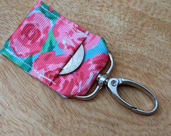 Quarter Keeper Keychain - Teal with Pink Flowers