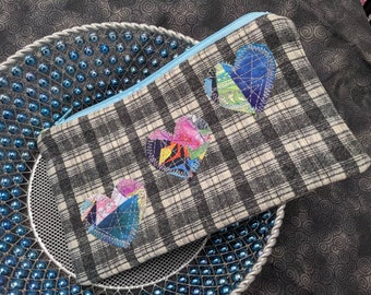 Zippie Pouch - Flannel with fiber collage hearts