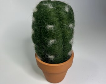 Könnte beinhalten: Ein handgefertigter, grüner Filz-Kaktus mit weißen Akzenten, in einem kleinen Terrakotta-Topf. Der Kaktus hat ein strukturiertes Aussehen und ist ein dekorativer Artikel. Der Topf hat einen warmen, erdigen Farbton.