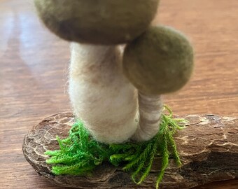 Könnte beinhalten: Eine handgefertigte Filzpilzskulptur mit einem hellbraunen Stiel und einer grünen Kappe. Der Pilz ist mit grünem Moos an einem Stück Treibholz befestigt. Die Skulptur steht auf einer Holzoberfläche.