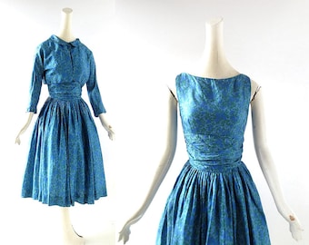 1950s Dress Set | Le Jardin Bleu | Blue Silk Dress | XXS XS