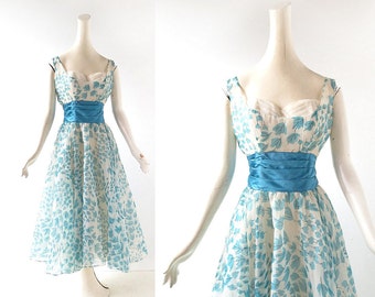 1950s Party Dress | Leaf Swirl | Fred Perlberg Dress | XS