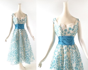 1950s Party Dress | Leaf Swirl | Fred Perlberg | XS