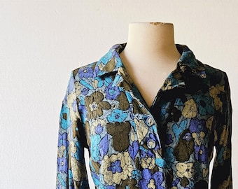 Vintage 1960s Top | Batik Print Top | Floral Print Blouse | XS