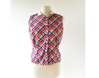 50s Sleeveless Blouse | Plaid Blouse | 1950s Blouse | Medium M