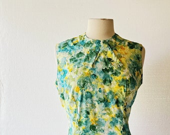 Vintage 1950s Blouse | Floral Cotton Top | Sleeveless Blouse | Small S