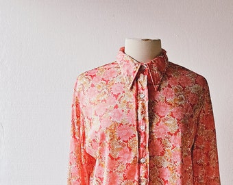 Vera Neumann Shirt | 70s Floral Blouse | Large L