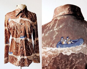 Camisa disco con estampado de cascada de los años 70 / Camisa Van Heusen de los años 70 / S M