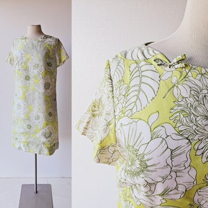 1960s Floral Dress | Chartreuse Dress | 60s Dress | Large L