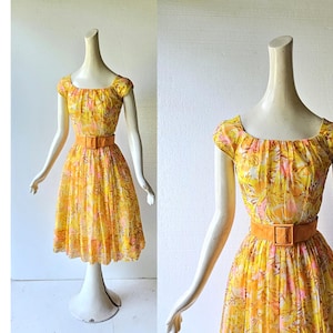50s Chiffon Dress | Sherbet Flowers | 1950s Dress | XXS