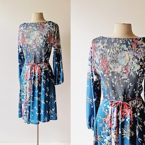 1970 年代の花柄ドレス | ブルーの花柄ドレス | プリーツドレス | S M