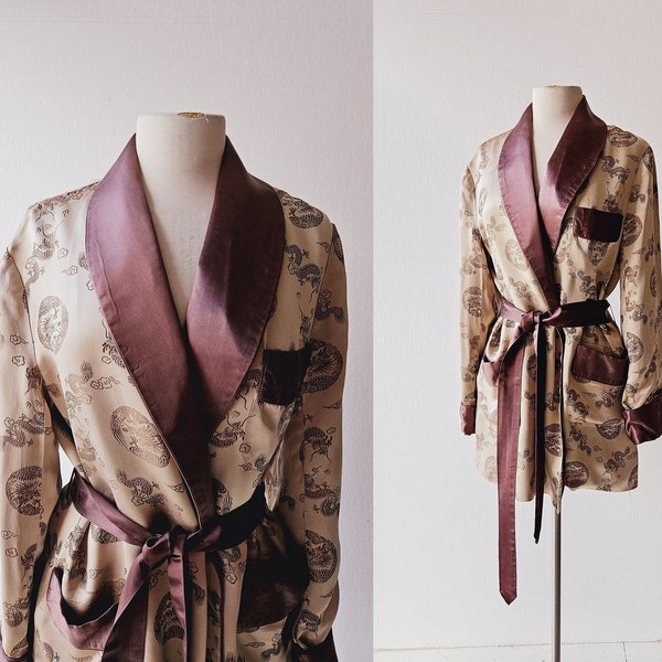 Satin Smoking Jacket | Year of the Dragon | 1960s Robe | Medium M