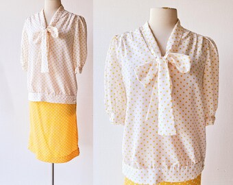 80s Two Piece Set | Yellow Polka Dot | 1980s Dress | M L