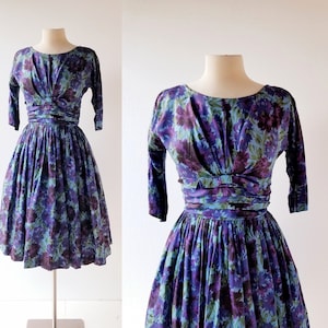 1950s Floral Dress | L&#39;Heure Viole | 50s Dress | XS S