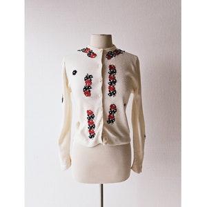 Vintage 1950s Cardigan | Rose Sweater | Beaded Cardigan | Medium M