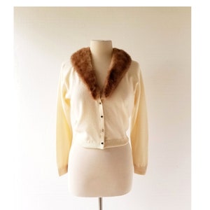Pringle Cashmere Sweater | 1950s Cardigan | Fur Collar Cardigan | Small S