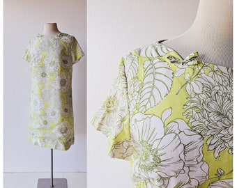 Floral 60s Dress | Chartreuse Dress | 1960s Dress | Large L