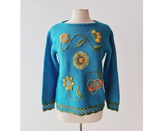 Vintage 1960s Sweater | Floral Embroidered Sweater | Wool Sweater | Medium M