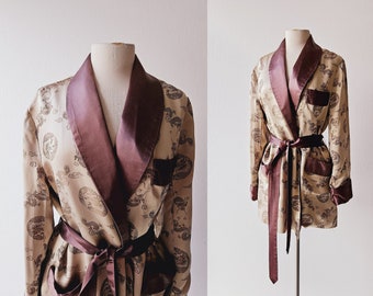 Satin Smoking Jacket | Year of the Dragon | 1960s Robe | Medium M