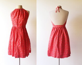70s Halter Dress | Red Floral Dress | 1970s Dress | S M