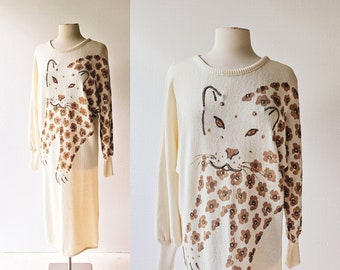 Leopard Print Dress | 80s Sweater Dress | Cat Print Dress | M L