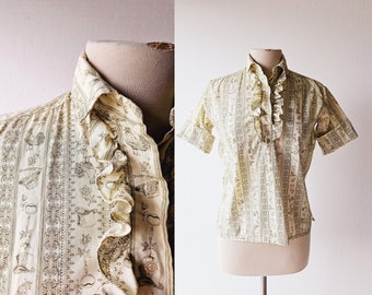 Vintage 50s Blouse | Mansfield Park | Novelty Print Shirt | S M