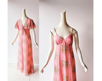 1970s Dress Set | Pink Floral Maxi Dress | Dress with Topper | XXS