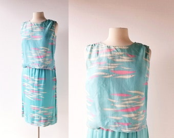 1960s Skirt Set | School of Fish | Silk Two Piece Set | XS S