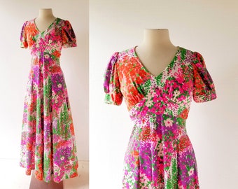 70s Floral Maxi Dress | Multitudo Florum | 1970s Dress | XS S