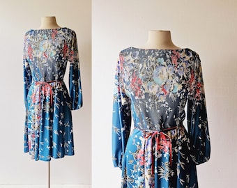 Vintage 1970s Dress | Floral Print Dress | Plisse Dress | S M