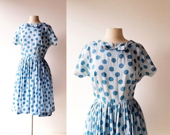 Vintage Polka Dot Dress | 50s Dress | Blue 1950s Dress | S M