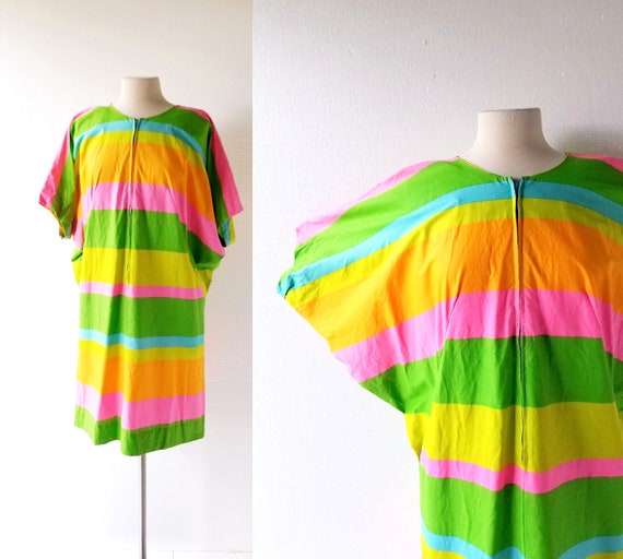 Vintage Cocoon Dress | Fruit Stripe | 1970s Dress