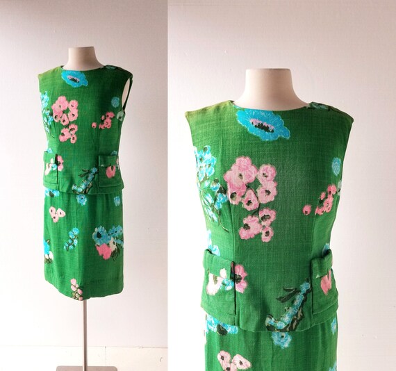 60s Two Piece Dress | Green Floral Dress | Linen T