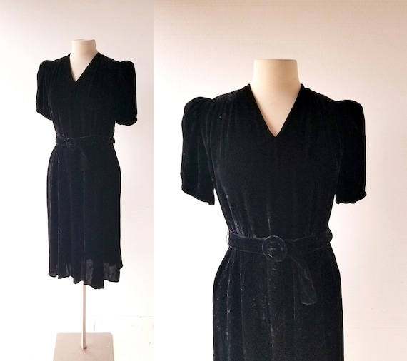 1940s Velvet Dress | Black Velvet Dress | 40s Dres