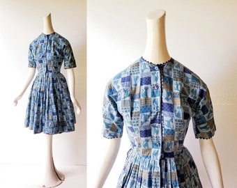 Cat Print Dress | 1960s Dress | Novelty Print Dress | XXS