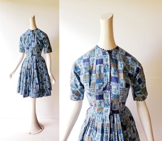 Cat Print Dress | 1960s Dress | Novelty Print Dre… - image 1