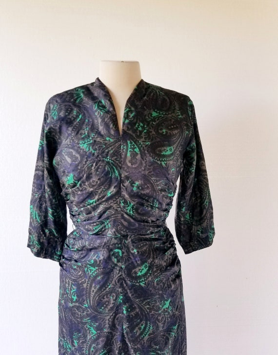 50s Silk Dress | Dark Paisley | 1950s Dress | XS - image 6