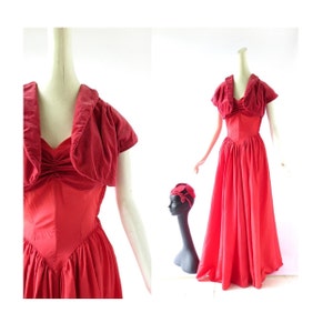 Vintage 1940s Gown Red Taffeta Dress Dress with Bolero and Hat XXS image 1