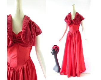 Vintage 1940s Gown | Red Taffeta Dress | Dress with Bolero and Hat | XXS