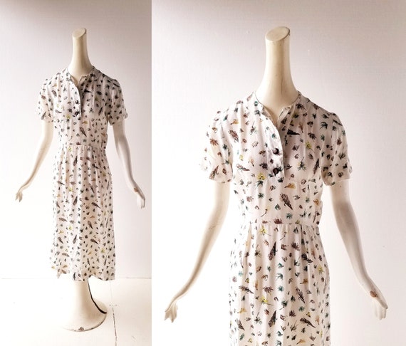 Vintage 30s Dress | Fly Fishing | 1930s Dress | XS