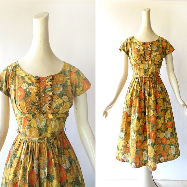 Vintage 50s Dress / Gänseblümchen Floral Dress / 1950s Dress / XXS XS