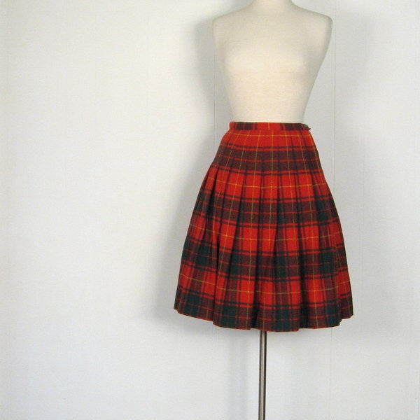 Plaid Wool Skirt / Tomato Red / 1950s Full Skirt / 26W