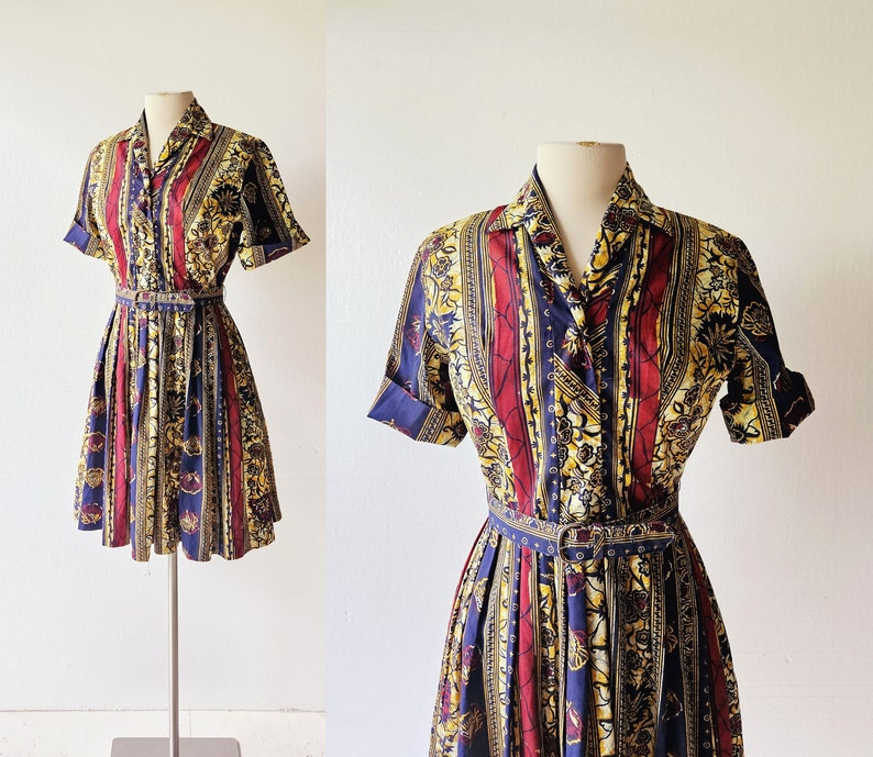 Vintage 1960s Dress Batik Dress Shirtwaist Dress Small S image 1