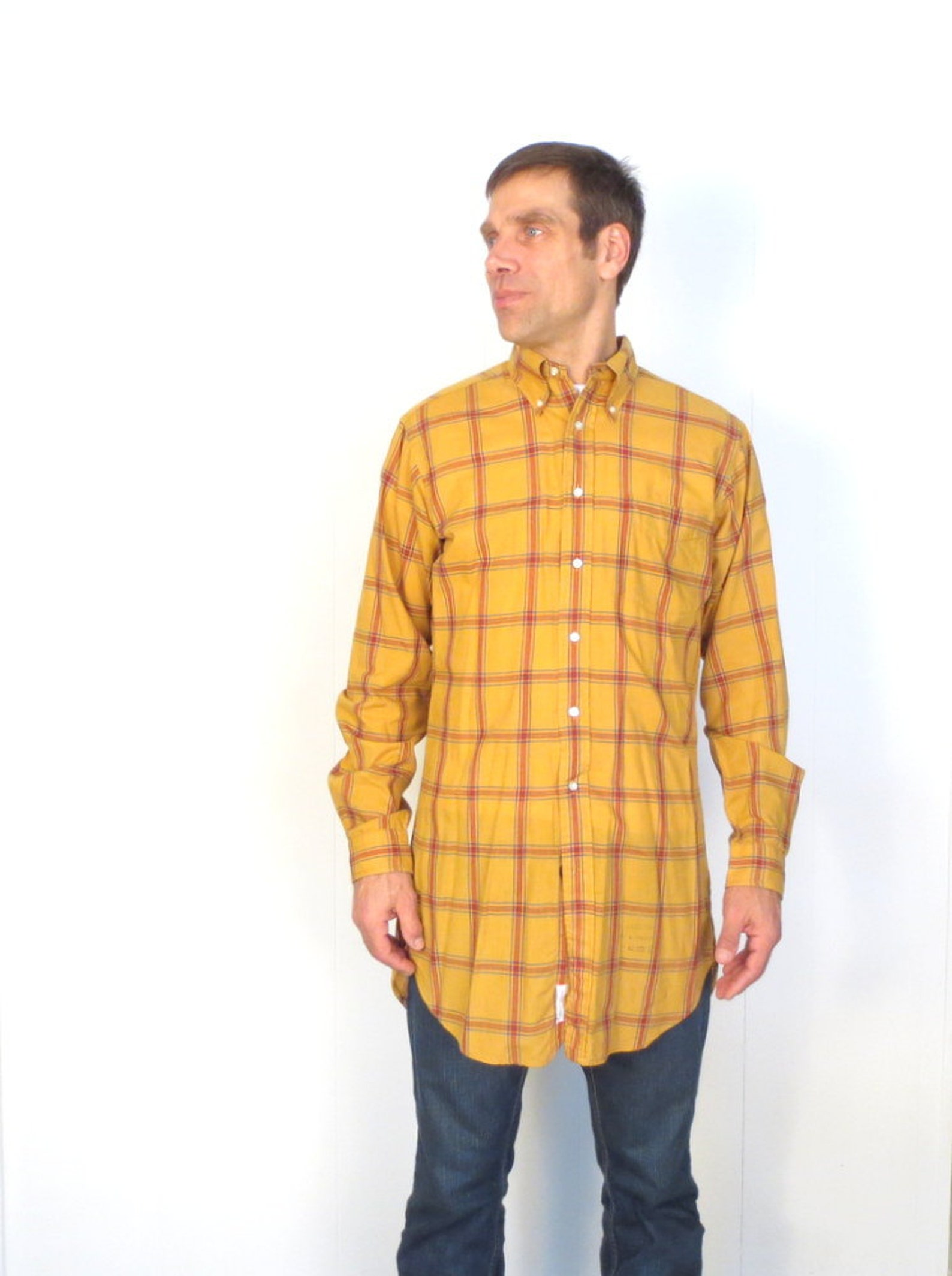 Men&rsquo;s Plaid Shirt / Vintage 1960s Shirt / Mustard Yellow / | Etsy