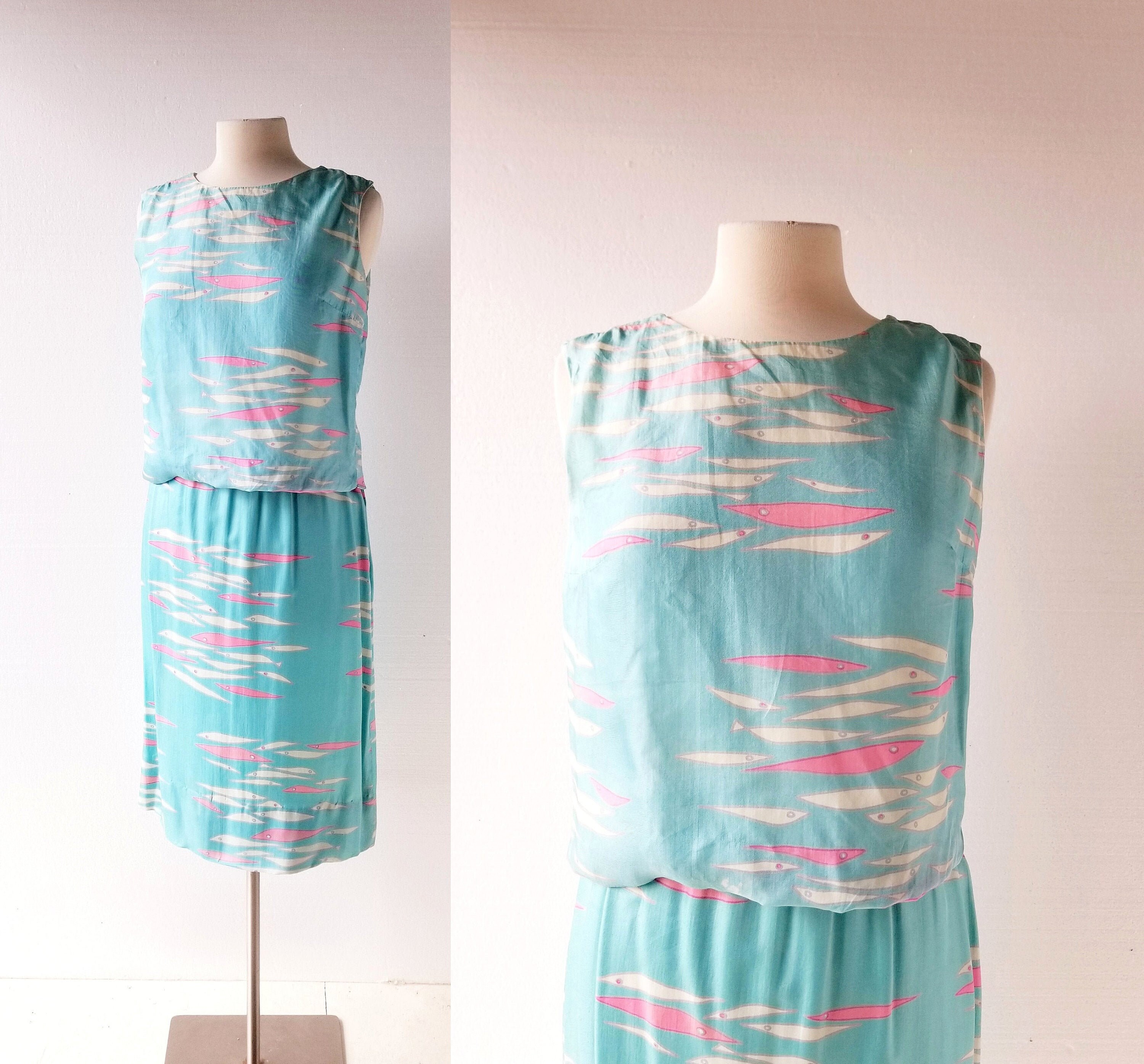 Vintage 1960s Dress | Fish Print Dress | Top and Skirt Set | XS S