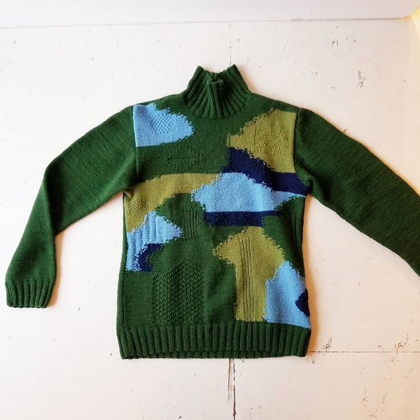 Vintage Abstract Sweater | Green Topography | 70s Sweater | M L