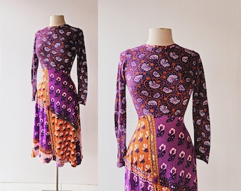 70s Boho Dress | Block Print Dress | Jersey Dress | XXS XS