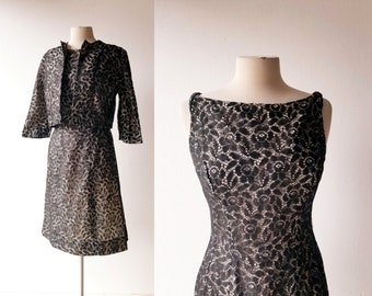 50s Lace Dress | Black Lace Dress | Dress with Jacket | Small S